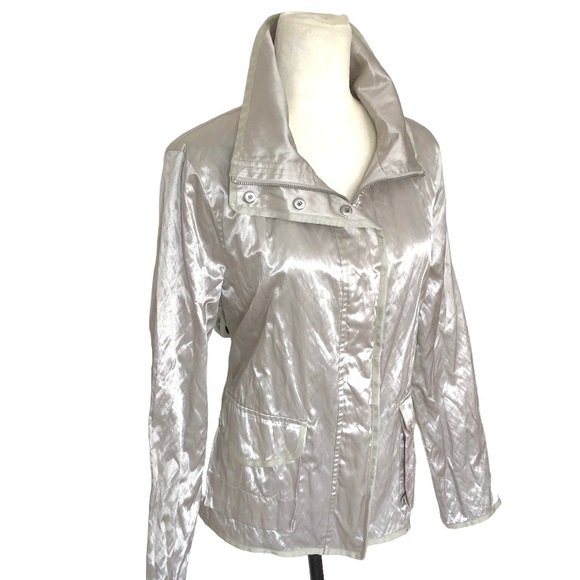 NEW Ralph Lauren Metallic Silver Cotton Blend Zip Up Trimmed Jacket Women’s L - Picture 1 of 16